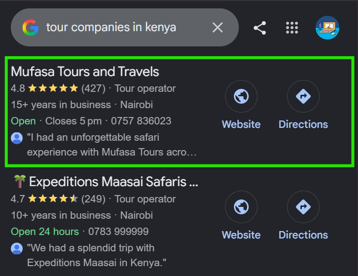 Google search result position for tour company after getting Pudfra SEO consulting services